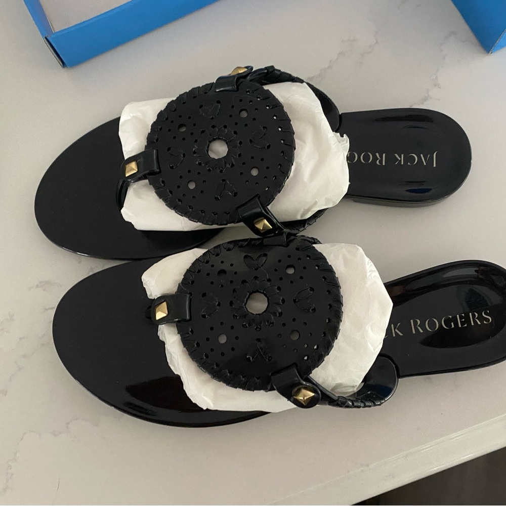 Jack Rogers Black Slide Sandals with Rosette Design